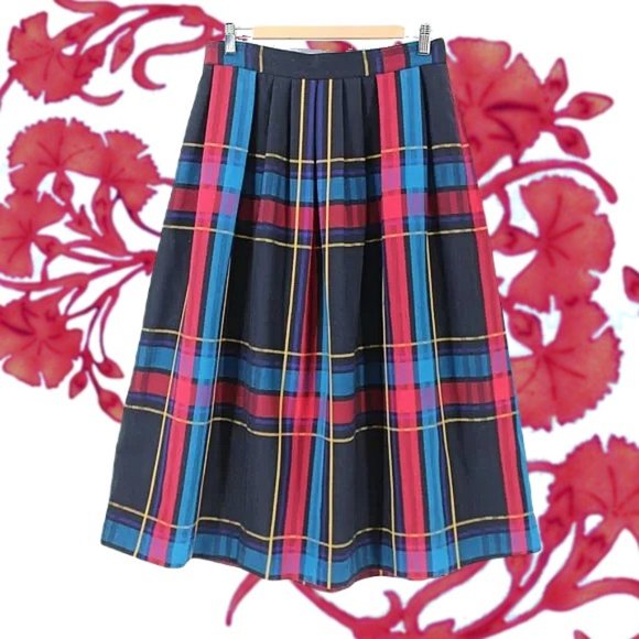 Vintage/ Pant-her Dresses & Skirts - Vintage Plaid Midi Skirt A-line Full Pleated Black Blue Red Yellow Wool Blend